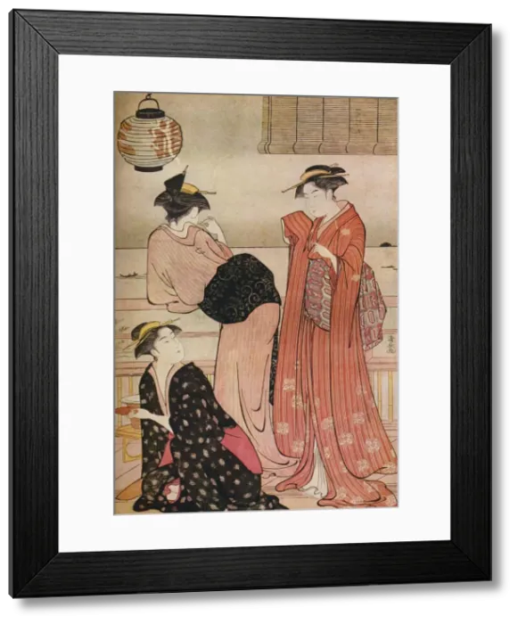 Framed Print : Three girls on the veranda of a tea-house overlooking Edo Bay at Shinagawa, c1752-1815. Artist: Torii Kiyonaga Framed Print : Three girls on the veranda of a tea-house overlooking Edo Bay at Shinagawa, c1752-1815. Artist: Torii Kiyonaga