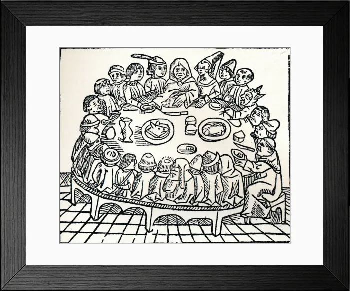 Framed Print : The Canterbury Pilgrims sitting down for a shared meal, 1485. Artist: William Caxton Framed Print : The Canterbury Pilgrims sitting down for a shared meal, 1485. Artist: William Caxton