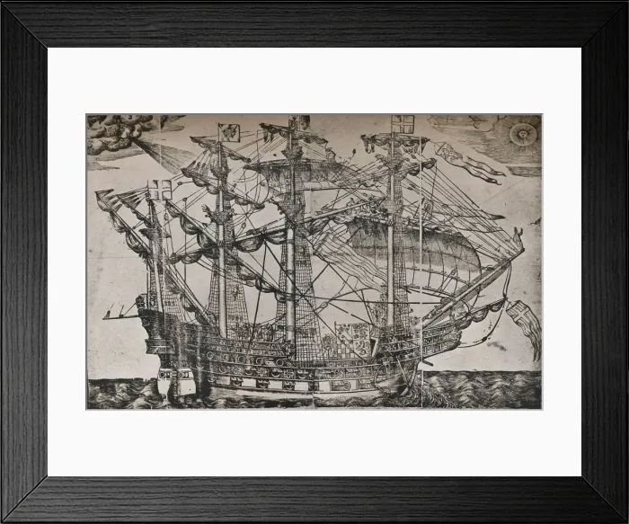 Framed Print : A woodcut of a ship which is believed to be The Ark Royal, c1587 Framed Print : A woodcut of a ship which is believed to be The Ark Royal, c1587