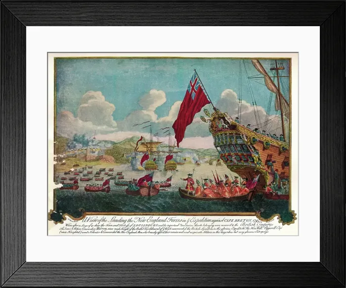 Framed Print : The landing of troops from New England on the island of Cape Breton to attack Louisbourg, 1747. Artist: James L. Brooks Framed Print : The landing of troops from New England on the island of Cape Breton to attack Louisbourg, 1747. Artist: James L. Brooks
