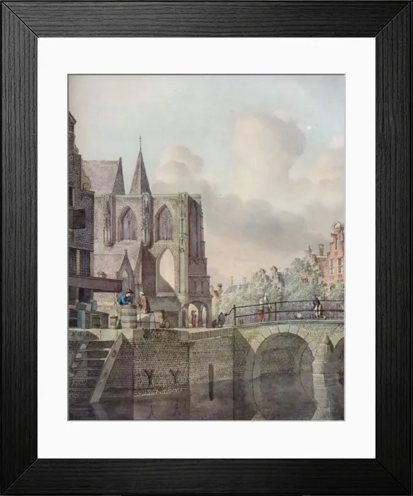Framed Print : Continental River Scene with Bridge and Church, c18th century. Artist: Johannes Huibert Prins Framed Print : Continental River Scene with Bridge and Church, c18th century. Artist: Johannes Huibert Prins