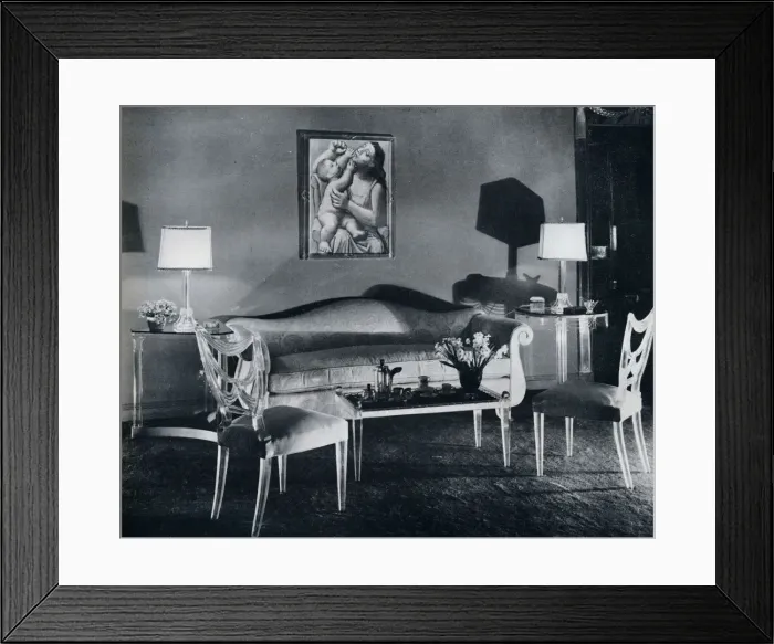 Framed Print : Plexiglas furniture in a 1940s interior, 1941 Framed Print : Plexiglas furniture in a 1940s interior, 1941