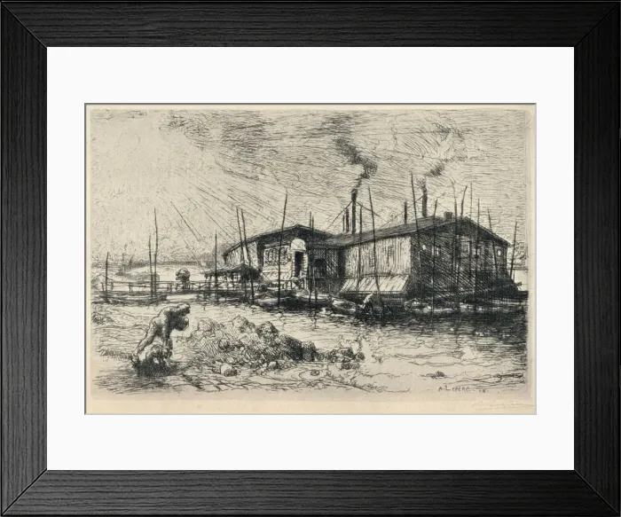 Framed Print : Old Washing-boats at Grenelle, 1915. Artist: Auguste Lepere Framed Print : Old Washing-boats at Grenelle, 1915. Artist: Auguste Lepere