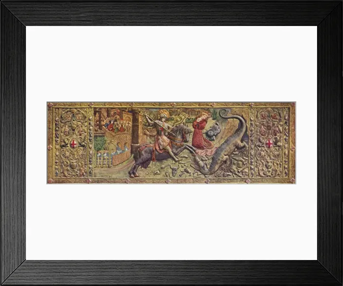 Framed Print : Embroidered front altarpiece of Saint George, from the Palau de la Generalitat, c15th century Framed Print : Embroidered front altarpiece of Saint George, from the Palau de la Generalitat, c15th century