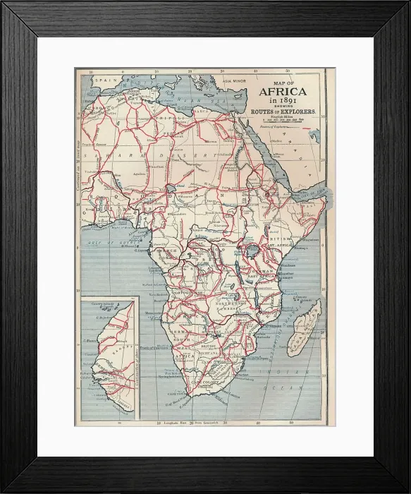 Framed Print : Map of Africa in 1891 showing routes of explorers, 1906 Framed Print : Map of Africa in 1891 showing routes of explorers, 1906