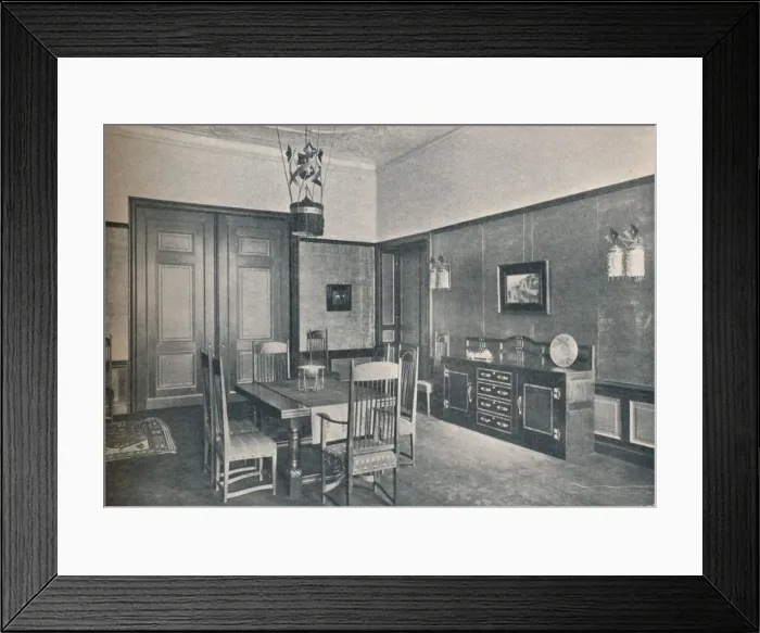 Framed Print : A view of a dining-room in a Berlin flat, designed by M. H. Baillie Scott, c1909 Framed Print : A view of a dining-room in a Berlin flat, designed by M. H. Baillie Scott, c1909