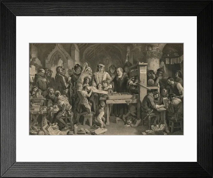 Framed Print : Caxton showing the first specimen of his printing to King Edward IV at Westminster, c1477 (1905) Framed Print : Caxton showing the first specimen of his printing to King Edward IV at Westminster, c1477 (1905)