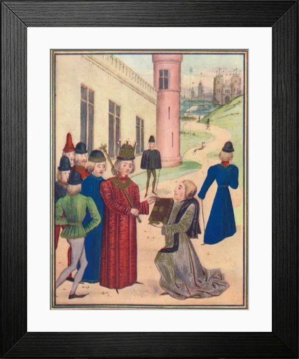 Framed Print : Froissart presenting his book of love poems to Richard II in 1395, 1905 Framed Print : Froissart presenting his book of love poems to Richard II in 1395, 1905
