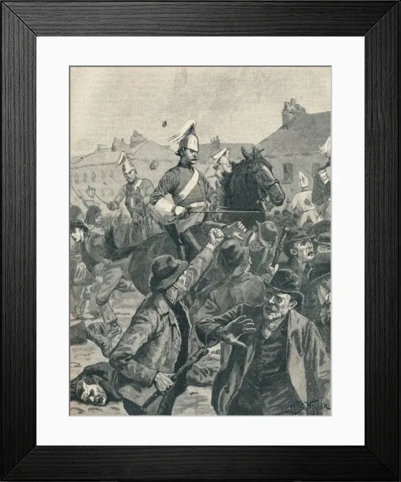 Framed Print : Dragoons and Highlanders scattering rioters in Belfast, 1872 (1906) Framed Print : Dragoons and Highlanders scattering rioters in Belfast, 1872 (1906)