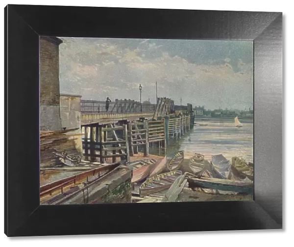 Old Battersea Bridge, From The North Bank, looking across the River Thames, London, 1885 (1926). Artist: John Crowther
