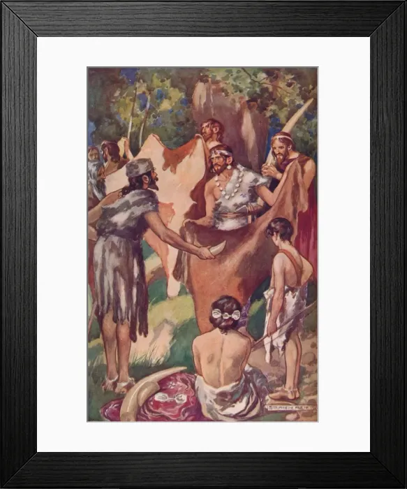 Framed Print : The beginnings of commerce: primitive people bartering ivory tusks and bull hides, 1907 Framed Print : The beginnings of commerce: primitive people bartering ivory tusks and bull hides, 1907