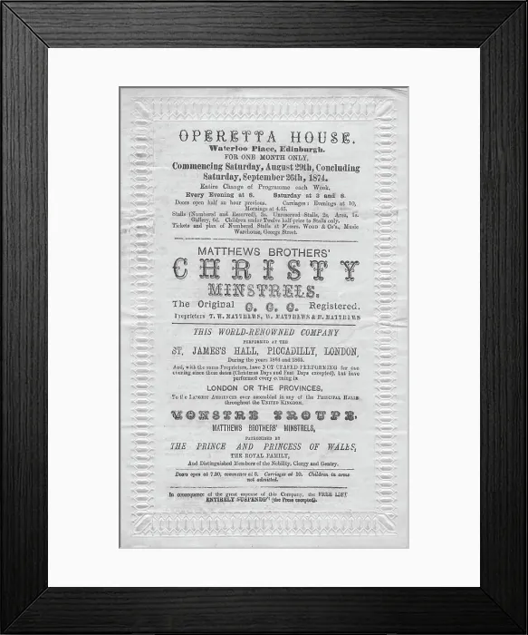 Framed Print : A programme of events to be stage at the Operetta House, Waterloo Place, Edinburgh, 1874 Framed Print : A programme of events to be stage at the Operetta House, Waterloo Place, Edinburgh, 1874