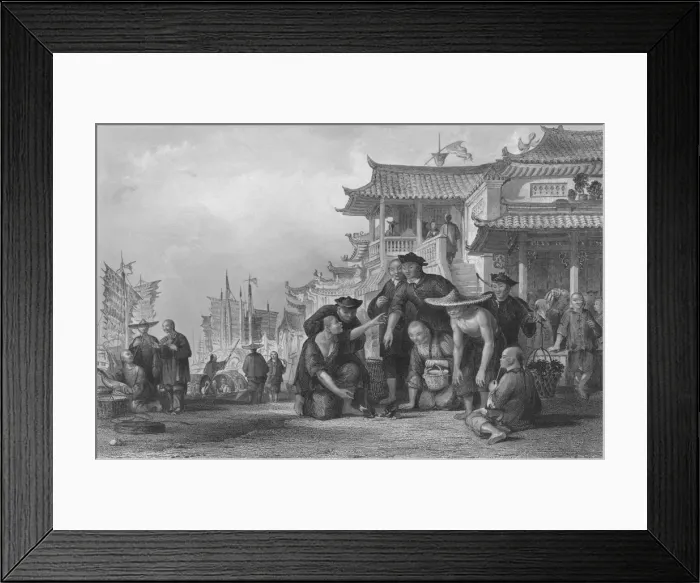 Framed Print : Canton Barge-men fightng Quails, 1843. Artist: Augustus Fox Framed Print : Canton Barge-men fightng Quails, 1843. Artist: Augustus Fox