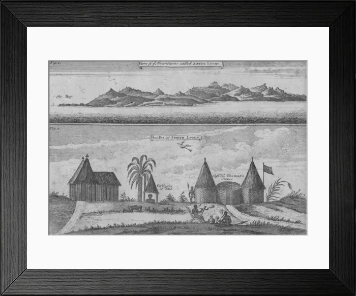 Framed Print : View of Mountains called Sierra Leone & Houses at Sierra Leone, c18th century. Artist: N Parr Framed Print : View of Mountains called Sierra Leone & Houses at Sierra Leone, c18th century. Artist: N Parr