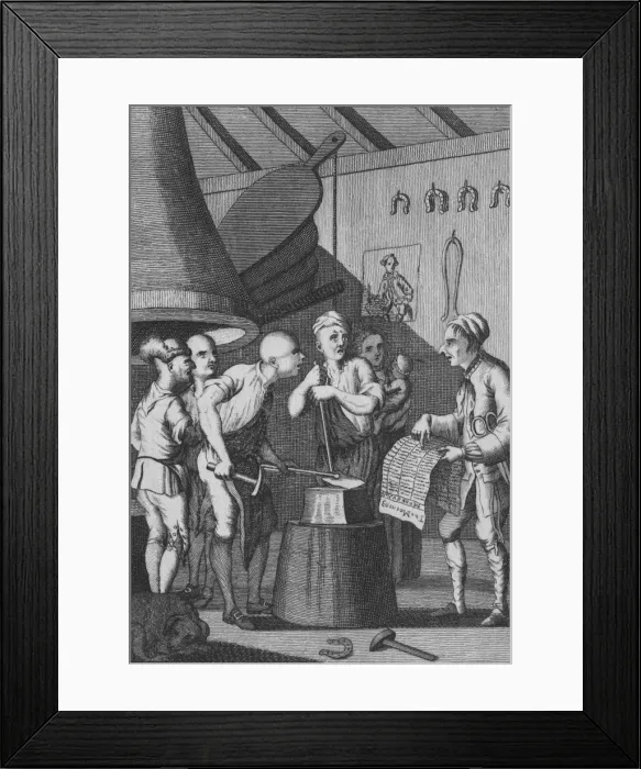 Framed Print : The Blacksmith lets his Iron grow cold attending to the Taylors News, 1772 Framed Print : The Blacksmith lets his Iron grow cold attending to the Taylors News, 1772