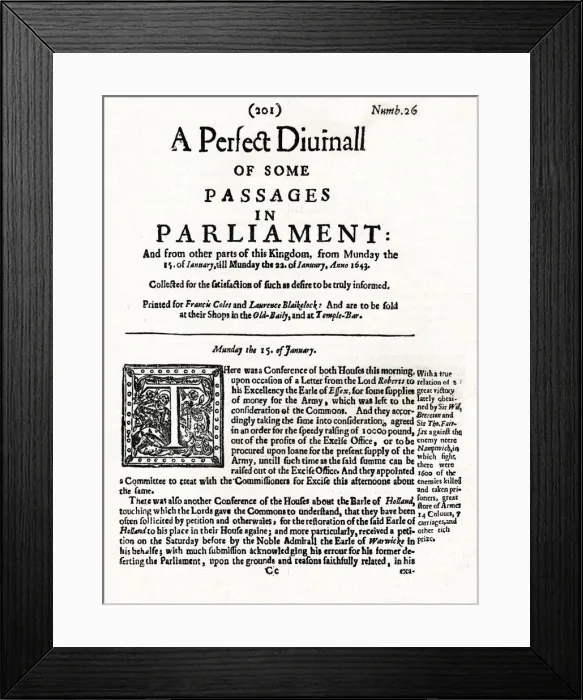 Framed Print : Front page of A Perfect Diurnall of Some Passages in Parliament, 1643 (1905) Framed Print : Front page of A Perfect Diurnall of Some Passages in Parliament, 1643 (1905)