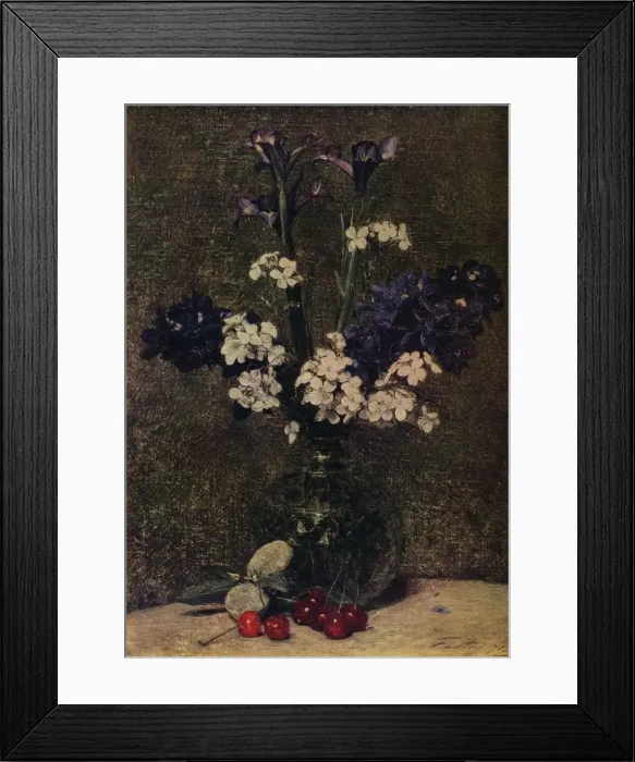 Framed Print : Vase of flowers, with Cherries and Almonds on the table, Nature morte; Irises, Delphinium hybrids a Artist: Henri Fantin-Latour Framed Print : Vase of flowers, with Cherries and Almonds on the table, Nature morte; Irises, Delphinium hybrids a Artist: Henri Fantin-Latour