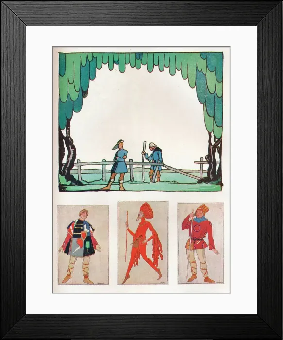 Framed Print : Scenery for As You Like It (Act I, Scene I) and Costumes of Amiens and Lebeau, 1919. Artist: Claud Lovat Fraser Framed Print : Scenery for As You Like It (Act I, Scene I) and Costumes of Amiens and Lebeau, 1919. Artist: Claud Lovat Fraser