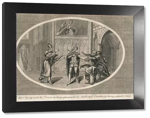 King Edgar laying aside his crown on being repremanded by Archbishop Dunstan, c960s (1793)