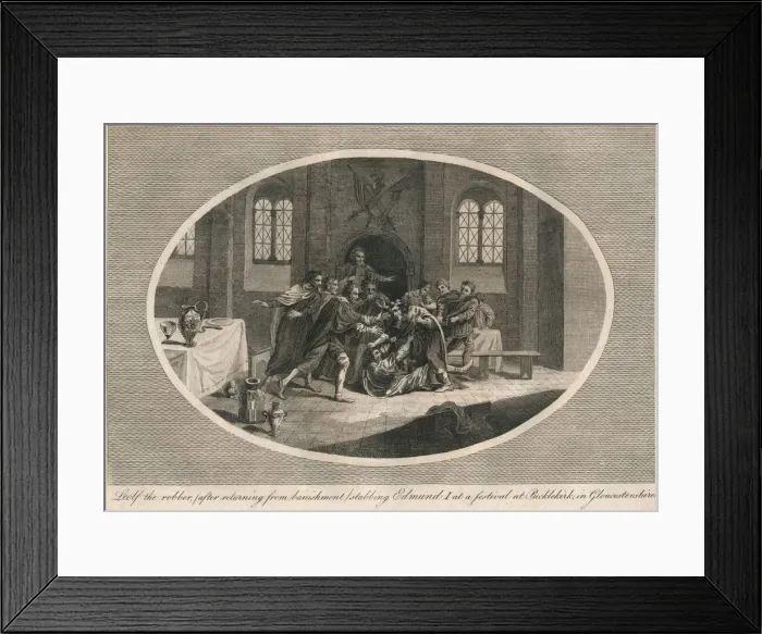 Framed Print : Leofa the robber stabbing Edmund I at a festival at Pucklekirk, Gloucestershire 946 (1793) Framed Print : Leofa the robber stabbing Edmund I at a festival at Pucklekirk, Gloucestershire 946 (1793)