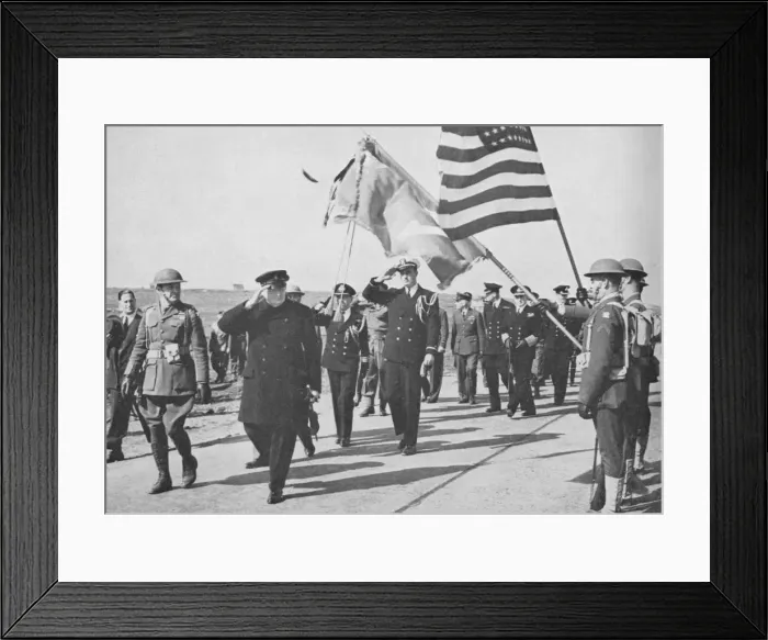 Framed Print : Iceland visit. Churchill - with Ensign Franklin D. Roosevelt Jnr. following - saluting the Stars an Framed Print : Iceland visit. Churchill - with Ensign Franklin D. Roosevelt Jnr. following - saluting the Stars an