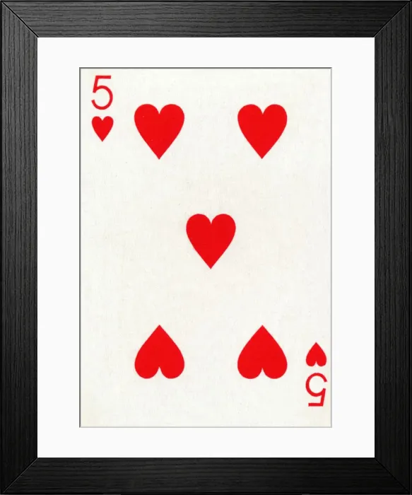 Framed Print : 5 of Hearts from a deck of Goodall & Son Ltd. playing cards, c1940 Framed Print : 5 of Hearts from a deck of Goodall & Son Ltd. playing cards, c1940