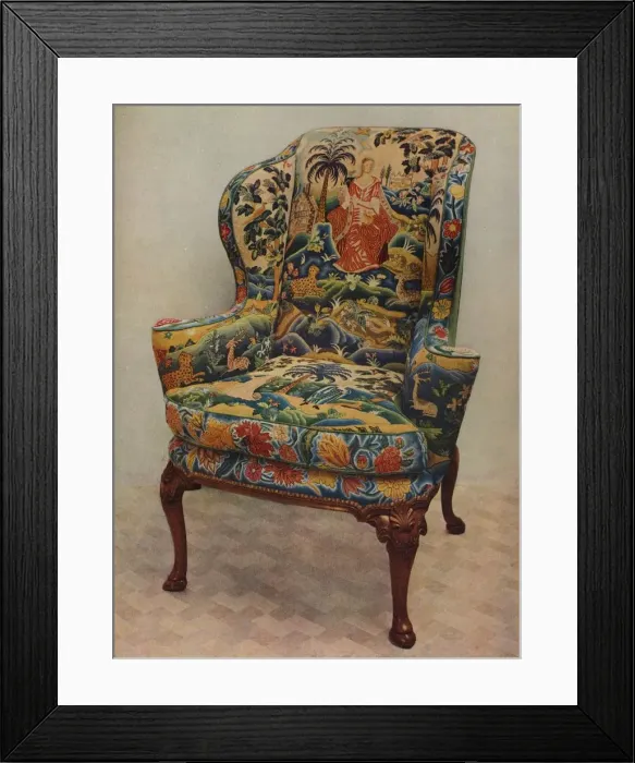 Framed Print : An upholstered armchair with wings, carved walnut frame and original silk needlework covering, c17 Framed Print : An upholstered armchair with wings, carved walnut frame and original silk needlework covering, c17