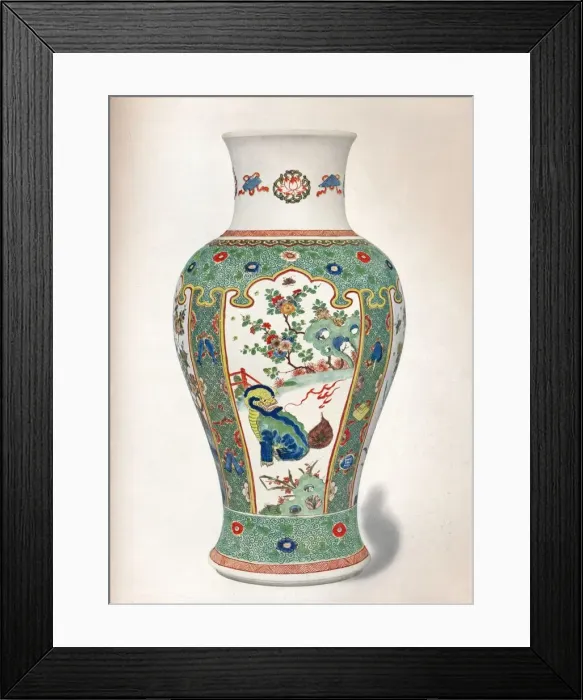 Framed Print : Famille Verte Vase, with four upright panels painted with rocks and flowering plants, two monsters Framed Print : Famille Verte Vase, with four upright panels painted with rocks and flowering plants, two monsters
