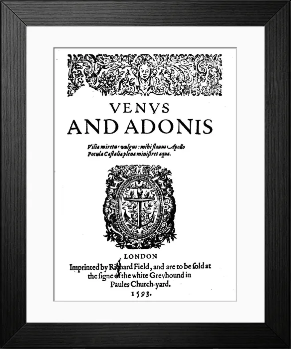 Framed Print : Shakespeares First Published Work - 1st Edition of Venus and Adonis, 1593, (1946) Framed Print : Shakespeares First Published Work - 1st Edition of Venus and Adonis, 1593, (1946)