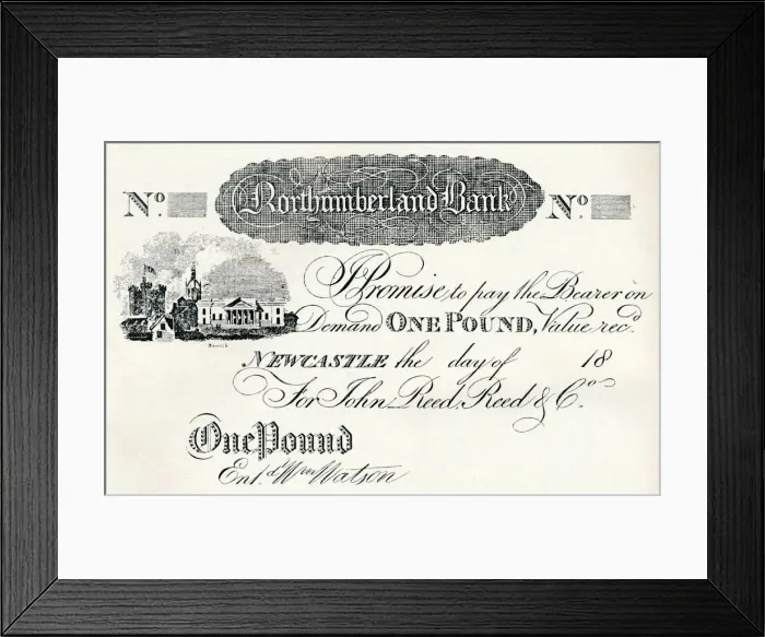 Framed Print : One Pound Note Executed for the Northumberland Bank, c1820 Framed Print : One Pound Note Executed for the Northumberland Bank, c1820