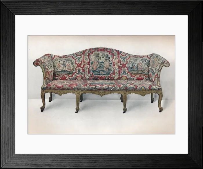 Framed Print : Long Upholstered Sofa: Serpentine-Shaped, Carved and Gilt, c1750 Framed Print : Long Upholstered Sofa: Serpentine-Shaped, Carved and Gilt, c1750