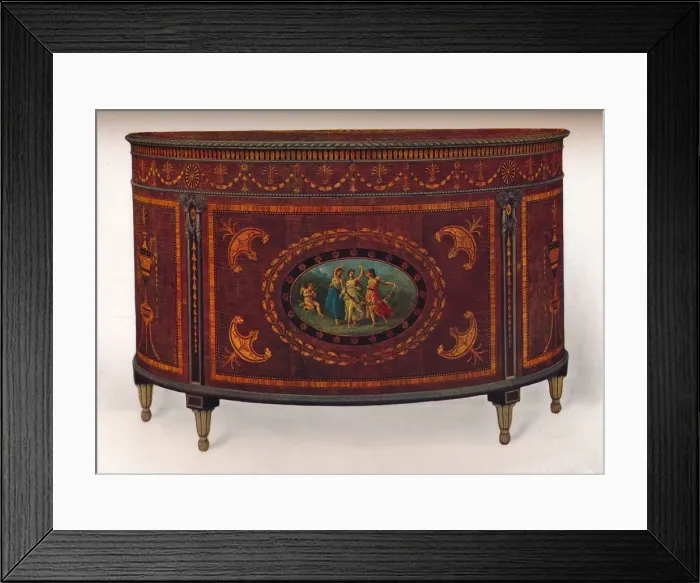 Framed Print : Bow-Fronted Commode, with Metal Mouldings and Headings, veneered and inlaid with coloured woods, c Framed Print : Bow-Fronted Commode, with Metal Mouldings and Headings, veneered and inlaid with coloured woods, c