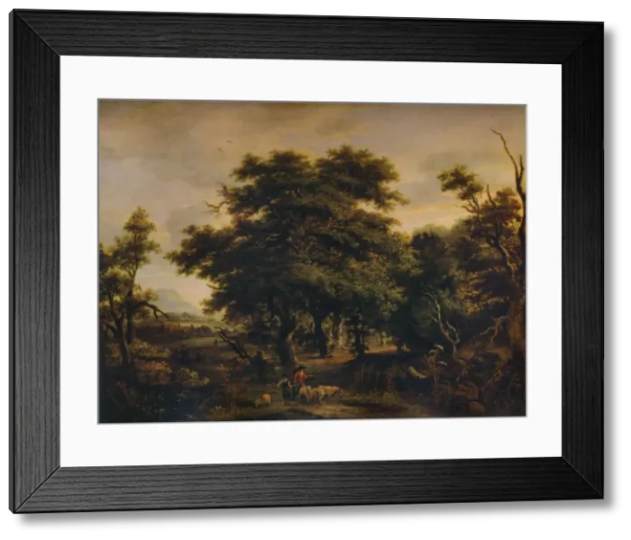 Framed Print : A Woody Landscape, with Figures and Sheep, c1805. Artist: Alexander Nasmyth Framed Print : A Woody Landscape, with Figures and Sheep, c1805. Artist: Alexander Nasmyth
