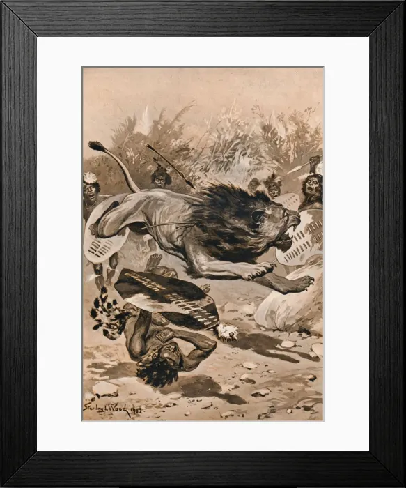 Framed Print : As The Lion Charged, 1902, (1903). Artist: Stanley Llewellyn Wood Framed Print : As The Lion Charged, 1902, (1903). Artist: Stanley Llewellyn Wood