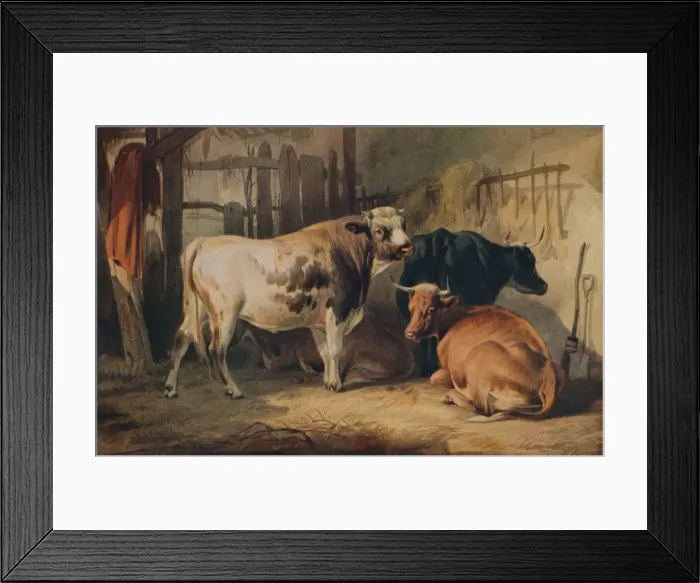 Framed Print : A Bull and three Cows in a Stable, c1856. Artist: Thomas Sidney Cooper Framed Print : A Bull and three Cows in a Stable, c1856. Artist: Thomas Sidney Cooper