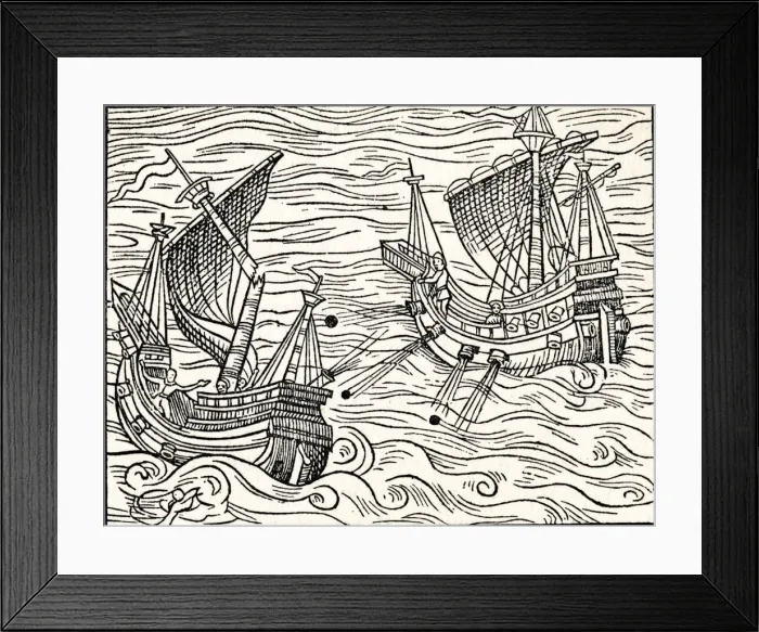 Framed Print : Engagement Between Two Merchant Ships Off The Coast of Iceland, 1555 Framed Print : Engagement Between Two Merchant Ships Off The Coast of Iceland, 1555