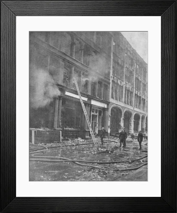 Framed Print : Firemen Tackle City Blaze, 1940, (1940) Framed Print : Firemen Tackle City Blaze, 1940, (1940)