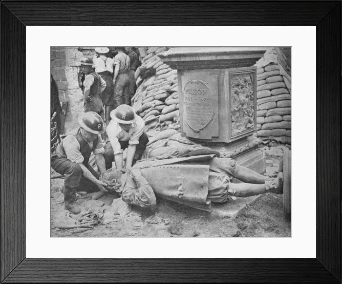 Framed Print : All Night Raid on Britains Capital - Statue of John Milton, 1940, (1940) Framed Print : All Night Raid on Britains Capital - Statue of John Milton, 1940, (1940)