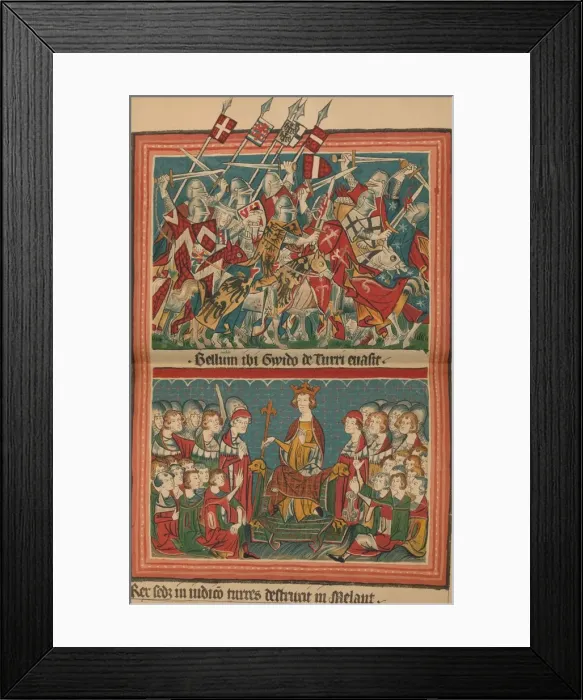 Framed Print : Battle and Court of Justice During Henry VIIs March Upon Rome: A Page from the Codex Balduineus Framed Print : Battle and Court of Justice During Henry VIIs March Upon Rome: A Page from the Codex Balduineus