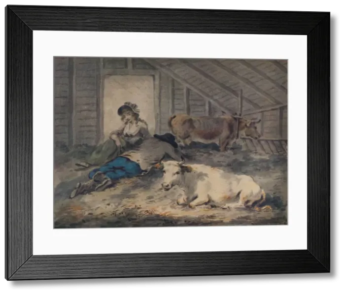 Framed Print : Courtship in a Cowshed, c1801. Artist: Julius Caesar Ibbetson