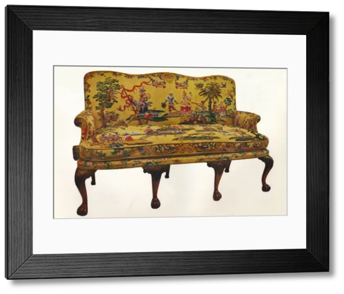 Framed Print : Settee covered with period Chinoiserie embroidery, c1710 Framed Print : Settee covered with period Chinoiserie embroidery, c1710