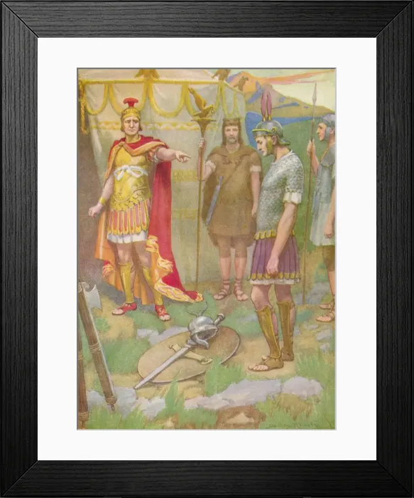 Framed Print : The youth laid the arms he had taken from his foe at his fathers feet, c1912 (1912). Artist: Ernest Dudley Heath Framed Print : The youth laid the arms he had taken from his foe at his fathers feet, c1912 (1912). Artist: Ernest Dudley Heath