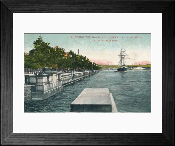 Framed Print : London, Thames Embankment - Showing the Naval Volunteer Training Ship, H. M. S. Buzzard, 1907 Framed Print : London, Thames Embankment - Showing the Naval Volunteer Training Ship, H. M. S. Buzzard, 1907