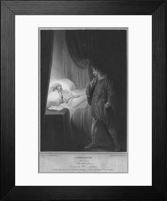 Framed Print : Cymbeline. Act 2 Scene 2. A Bedchamber. Imogen in Bed. Jachimo, 1795. Artist: James Stow Framed Print : Cymbeline. Act 2 Scene 2. A Bedchamber. Imogen in Bed. Jachimo, 1795. Artist: James Stow