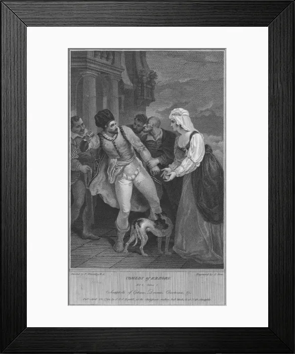 Framed Print : Comedy of Errors Act 4 Scene 4. Antipholis of Ephesus, Dromio, Courtezan & c, 1798. Artist: James Stow Framed Print : Comedy of Errors Act 4 Scene 4. Antipholis of Ephesus, Dromio, Courtezan & c, 1798. Artist: James Stow