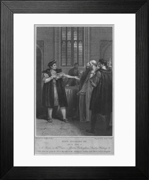 Framed Print : King Richard III. Act 3. Scene 4. A Room in the Tower - Gloucester, Buckingham, Stanley, Hastings & Artist: Anker Smith Framed Print : King Richard III. Act 3. Scene 4. A Room in the Tower - Gloucester, Buckingham, Stanley, Hastings & Artist: Anker Smith