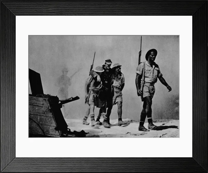 Framed Print : Close-up of a great battle. The Australians are bringing in a wounded prisoner, 1942 (1944) Framed Print : Close-up of a great battle. The Australians are bringing in a wounded prisoner, 1942 (1944)