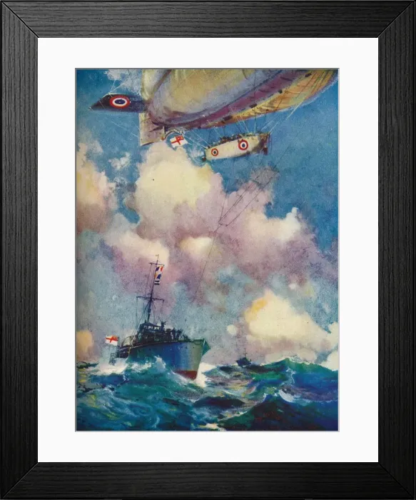 Framed Print : A coast patrol airship sending a despatch by motor launch, c1919 (1919) Artist: Frank Henry Mason Framed Print : A coast patrol airship sending a despatch by motor launch, c1919 (1919) Artist: Frank Henry Mason