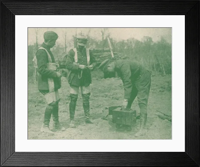 Framed Print : Aerial photographers fixing on parachute harnesses before making an ascent, c1917 (1919) Framed Print : Aerial photographers fixing on parachute harnesses before making an ascent, c1917 (1919)