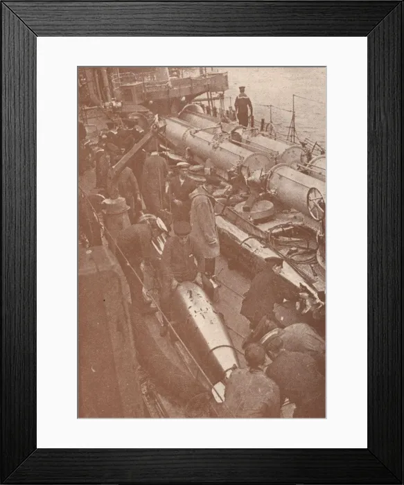 Framed Print : Cleaning and adjusting torpedoes, c1917 (1919) Framed Print : Cleaning and adjusting torpedoes, c1917 (1919)
